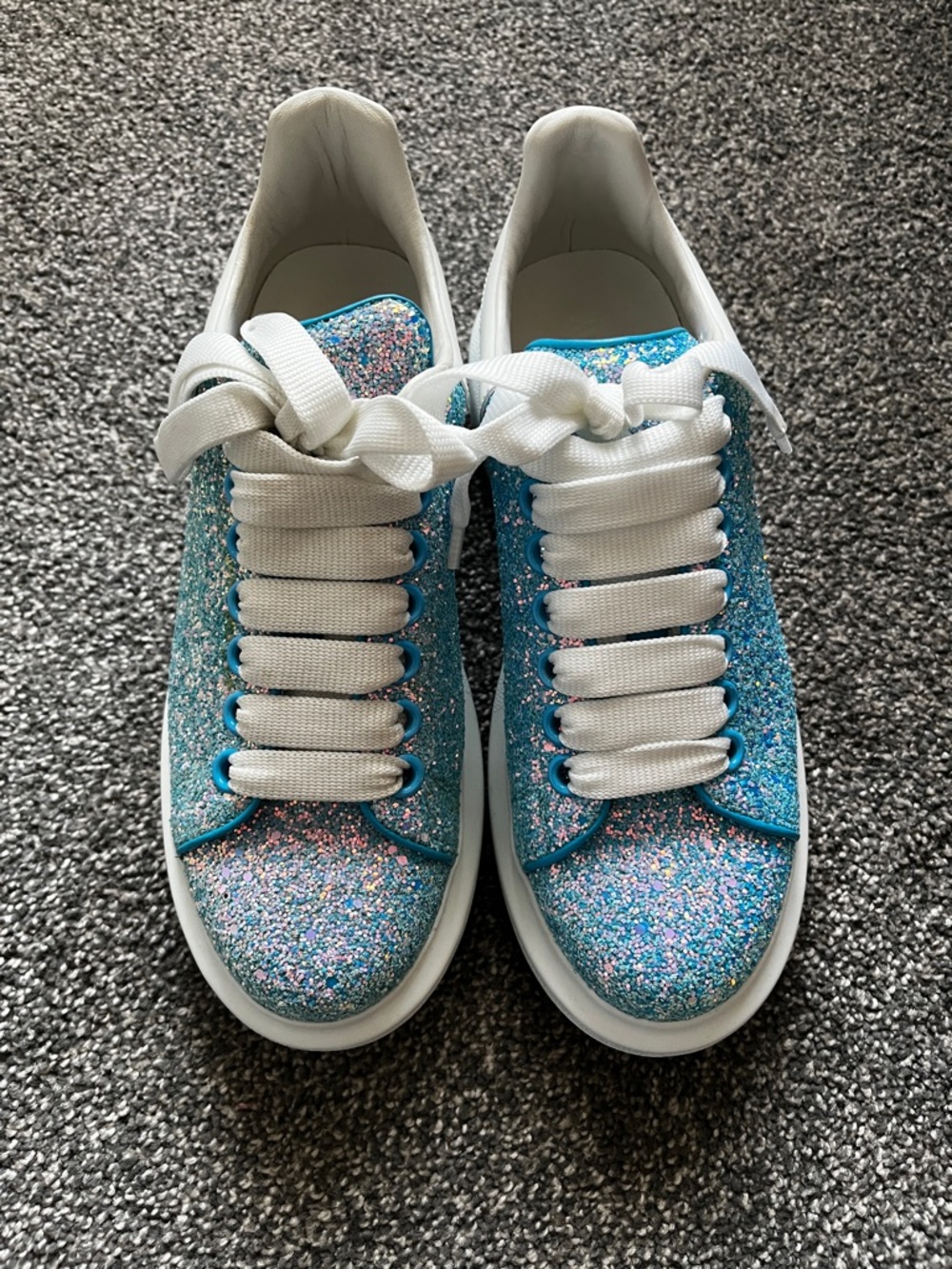 Alexander McQueen White Leather Sneaker with Bright Turquoise Accent